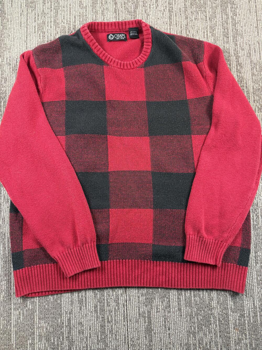 Chaps Sweater Mens Large Red Black V Neck Buffalo‎ Plaid Check Knit Pullover